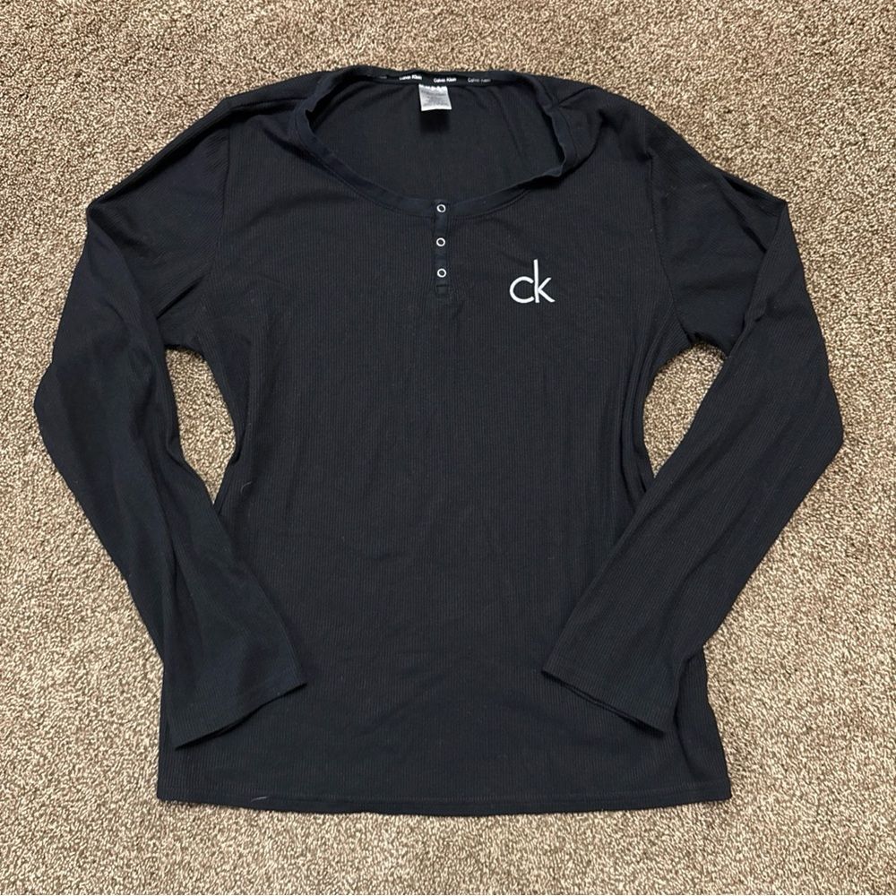 Calvin Klein Women’s Sleep Pajama Top Henley Size Large L Black Comfort Stretch